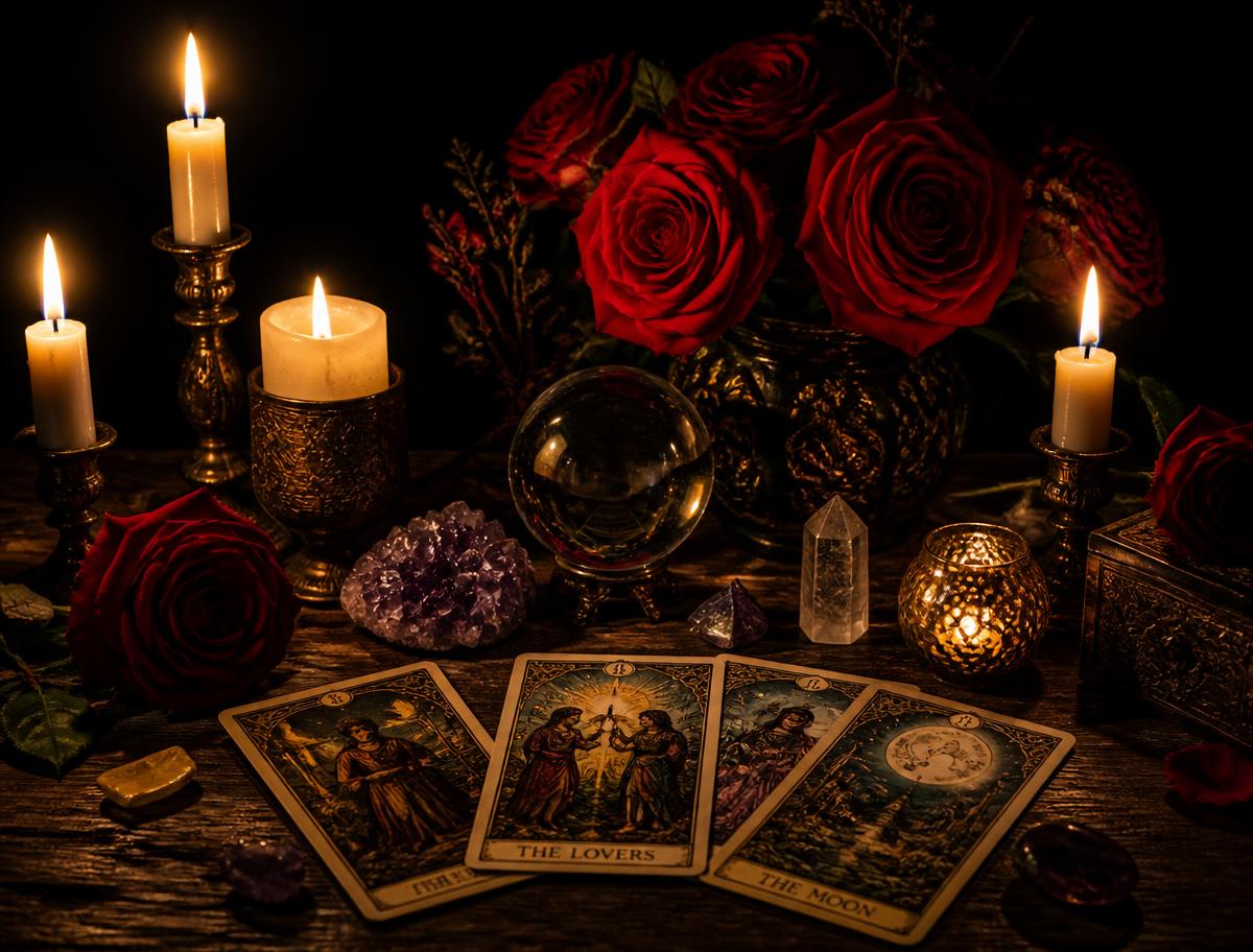Mesa com velas, rosas vermelhas, cristais e cartas