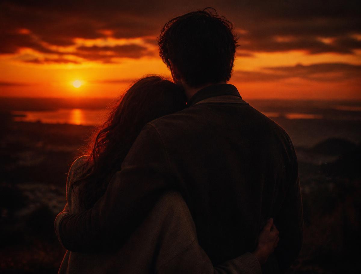 Casal abraçado ao pôr do sol após a reconciliação